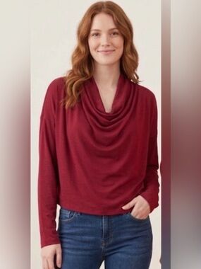 HALARA Draped Neck Long Sleeve Top with built in bra Wine Red oversized med